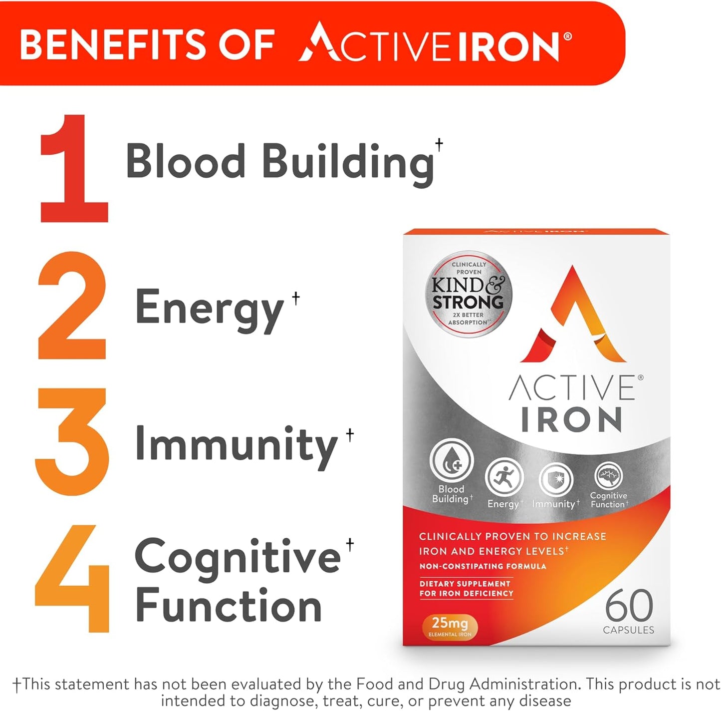 High Potency Active Iron Supplement, Non-Constipating Pills for Women & Men, 2X Absorption, Increase Iron & Energy Levels, 25mg (120 Capsules), Twin Pack