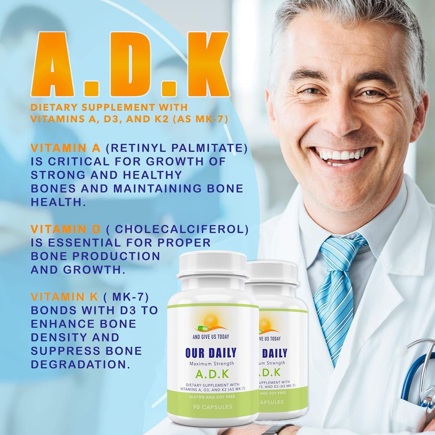 High Potency ADK Vitamin Supplement for Bone & Immune Support - Non GMO & Gluten Free Veggie Capsules