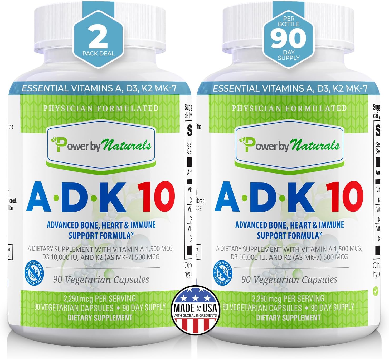 High Potency ADK Vitamin Supplement for Heart, Immune & Bone Health - 90 Capsules x 2 (6-Month Supply) - Natural ADK 10 Formula with Vitamins A, D3 10,000 IU & K2 MK7