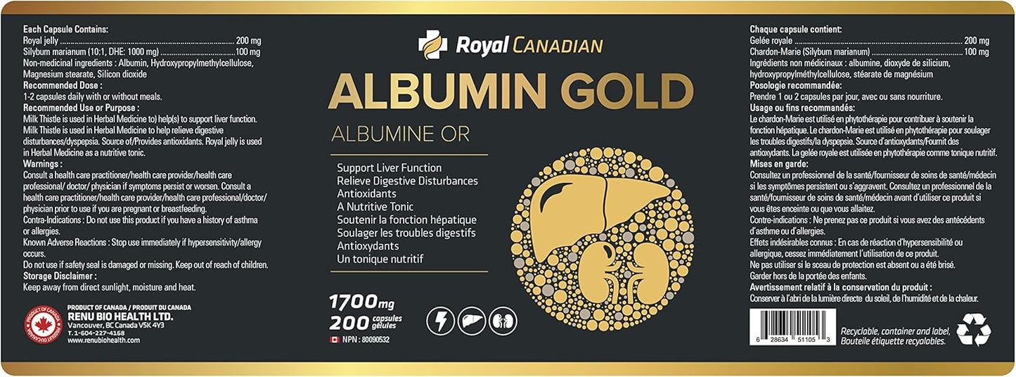 High-Potency Albumin Gold 1700mg Capsules for Liver & Kidney Health, Fatigue Recovery, Immune Support - 200 Count