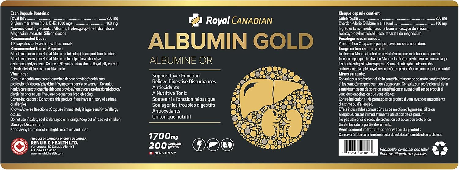 High-Potency Albumin Gold 1700mg Capsules for Liver & Kidney Health, Fatigue Recovery, Immune Support - 200 Count