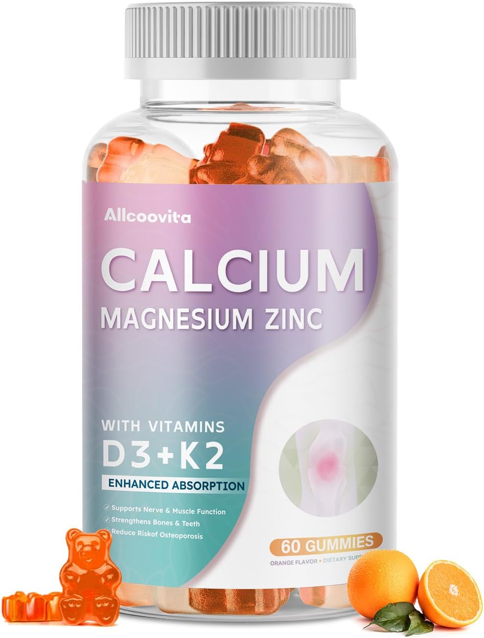 High Potency Allcoovita Calcium Magnesium Zinc Gummies with Vitamin D3 & K2 for Enhanced Absorption - 60 Orange Flavored Gummies