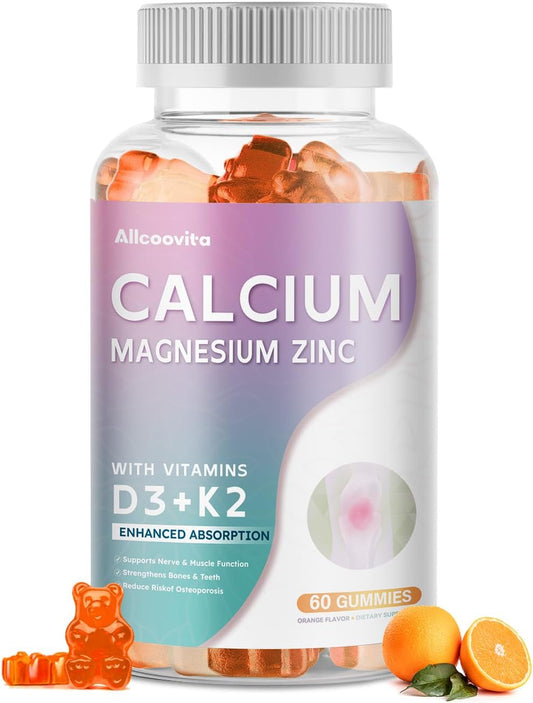 High Potency Allcoovita Calcium Magnesium Zinc Gummies with Vitamin D3 & K2 for Enhanced Absorption - 60 Orange Flavored Gummies