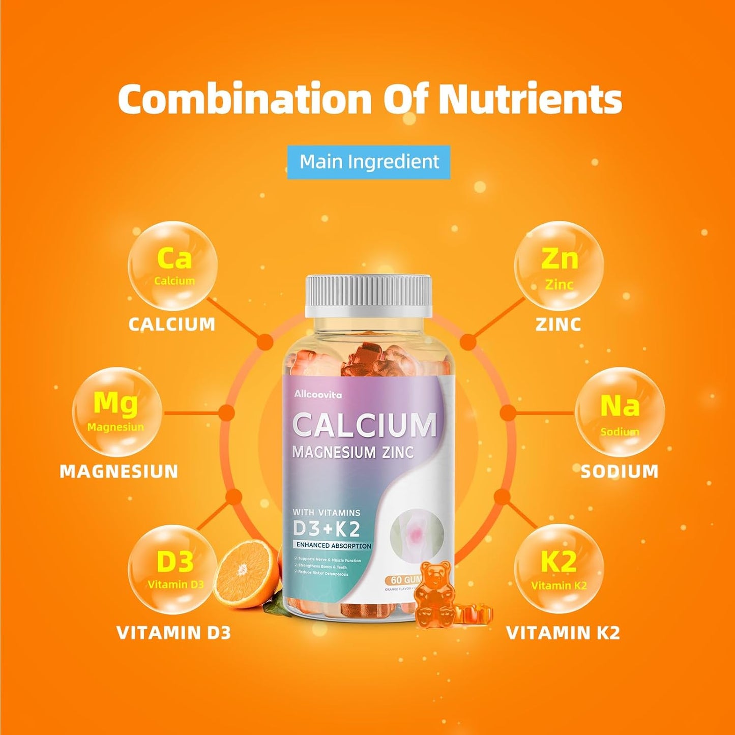High Potency Allcoovita Calcium Magnesium Zinc Gummies with Vitamin D3 & K2 for Enhanced Absorption - 60 Orange Flavored Gummies