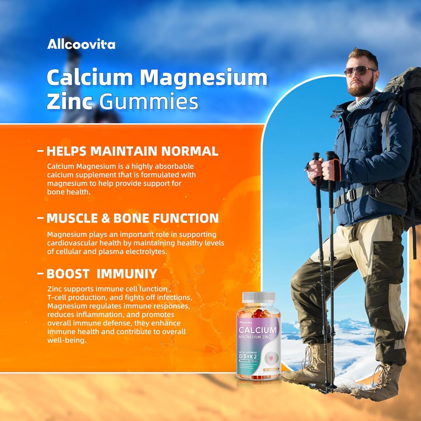 High Potency Allcoovita Calcium Magnesium Zinc Gummies with Vitamin D3 & K2 for Enhanced Absorption - 60 Orange Flavored Gummies