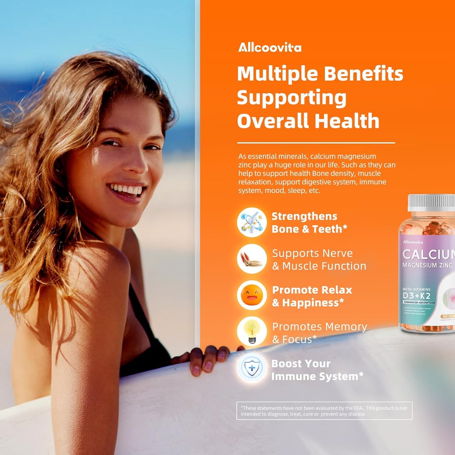 High Potency Allcoovita Calcium Magnesium Zinc Gummies with Vitamin D3 & K2 for Enhanced Absorption - 60 Orange Flavored Gummies