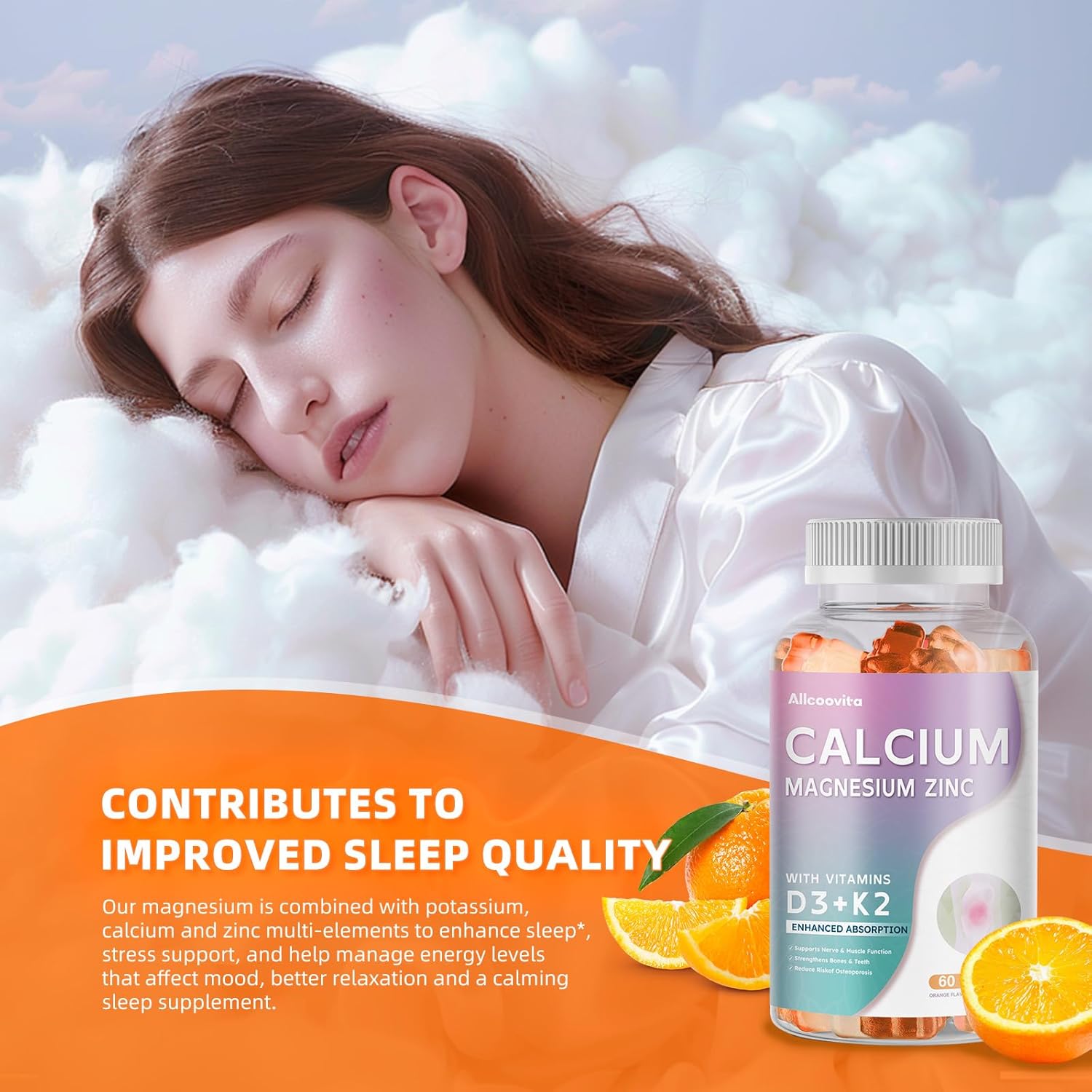 High Potency Allcoovita Calcium Magnesium Zinc Gummies with Vitamin D3 & K2 for Enhanced Absorption - 60 Orange Flavored Gummies