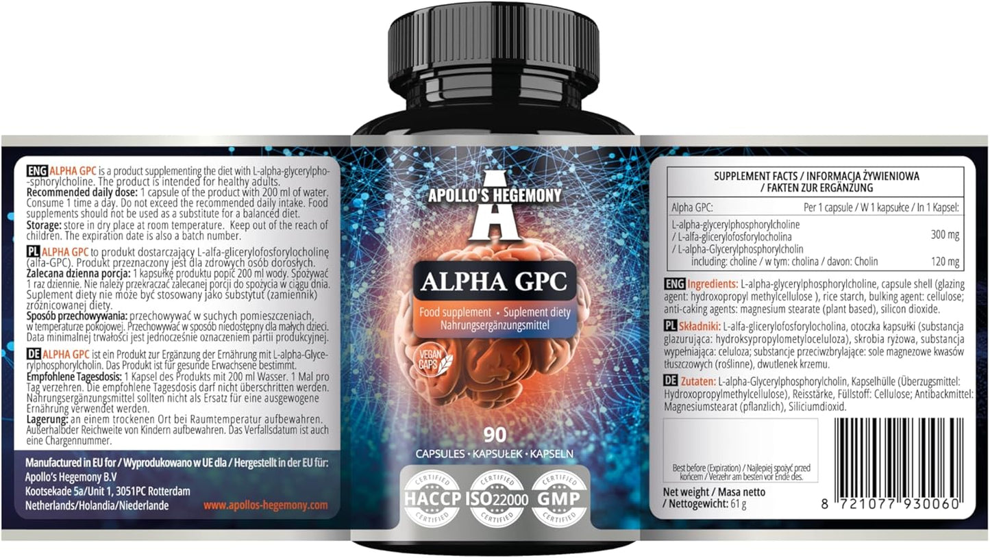 High Potency Alpha-GPC 600mg - 90 Vegan Choline Capsules - Memory and Concentration Supplement - 99% Choline Alfoscerate - Cognitive Support