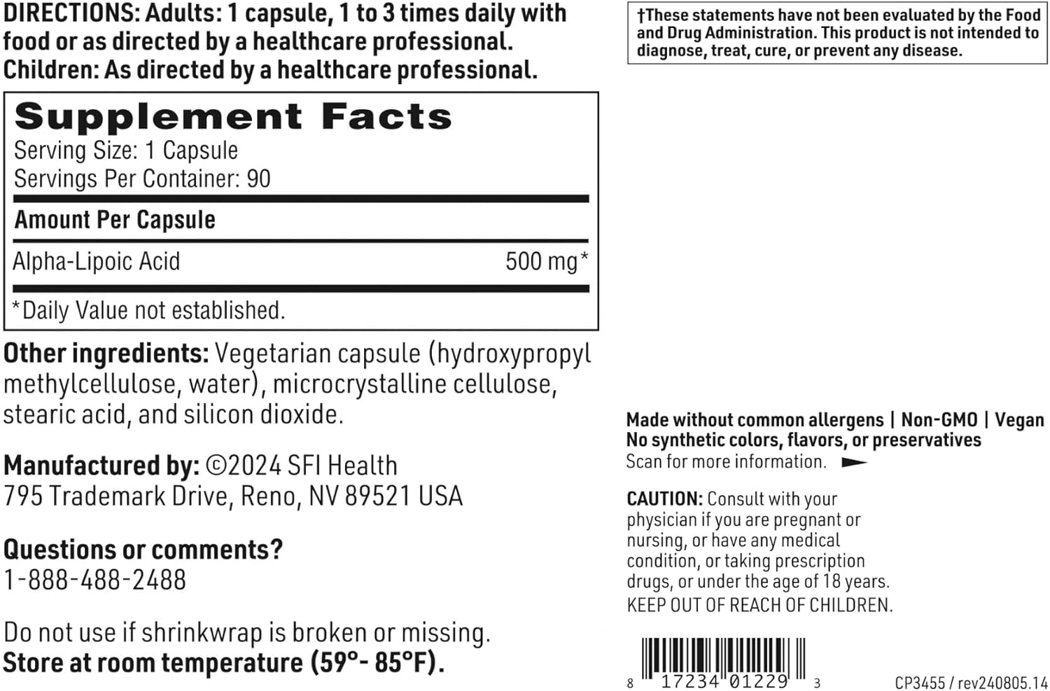 High Potency Alpha-Lipoic Acid 500mg Capsules - Antioxidant & Detox Support - Cardiovascular & Liver Health - 90 Count, Soy & Yeast Free