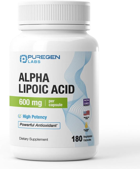 High Potency Alpha Lipoic Acid 600mg - 180 Veggie Caps | Antioxidant Support | Non-GMO, Gluten-Free, Dairy-Free - Made in USA by Puregen Labs