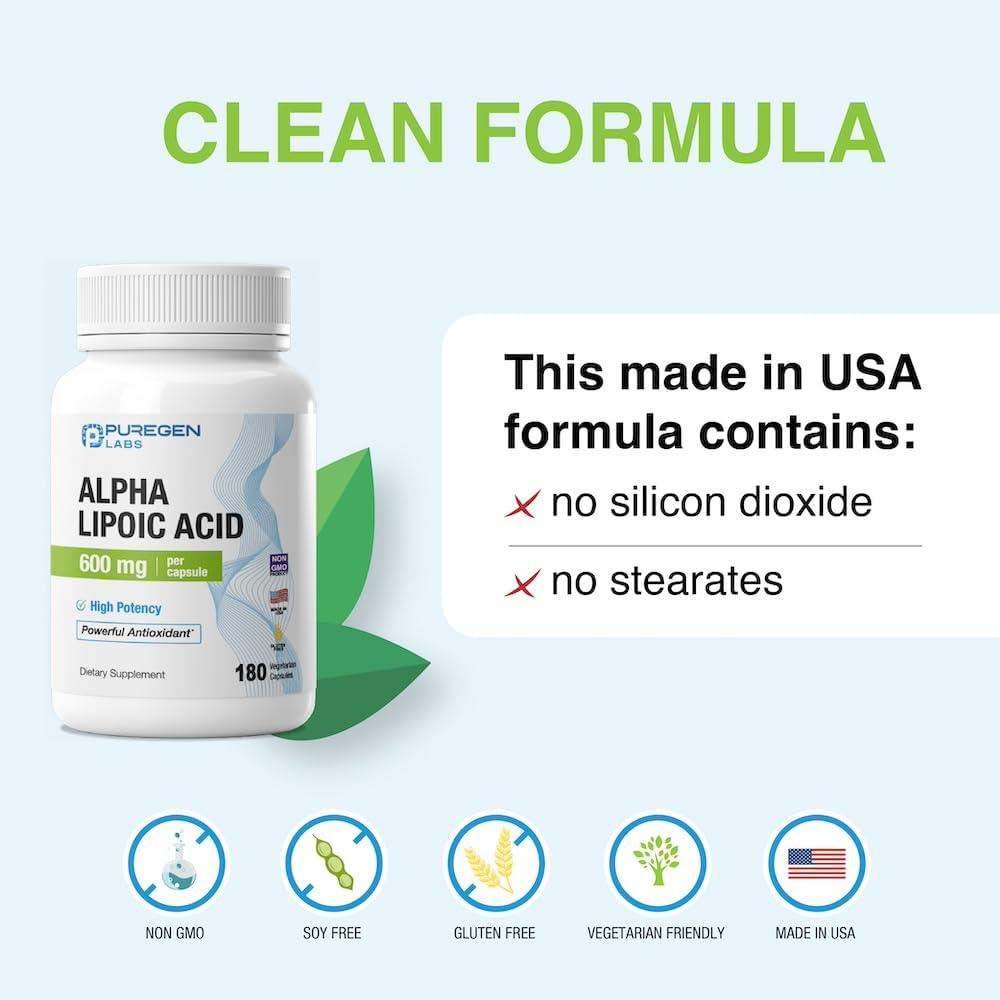 High Potency Alpha Lipoic Acid 600mg - 180 Veggie Caps | Antioxidant Support | Non-GMO, Gluten-Free, Dairy-Free - Made in USA by Puregen Labs