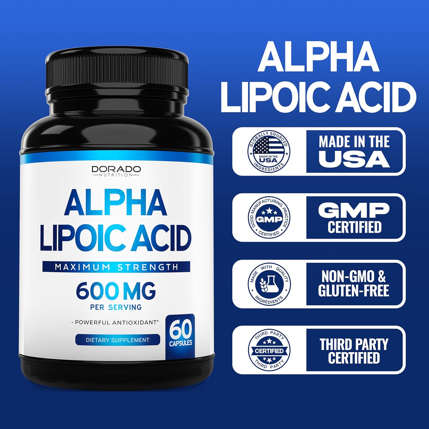 High Potency Alpha Lipoic Acid 600mg Capsules - Antioxidant for Neuropathy & Heart Health - Non-GMO, Gluten Free, Vegan - 60 Count - USA Made