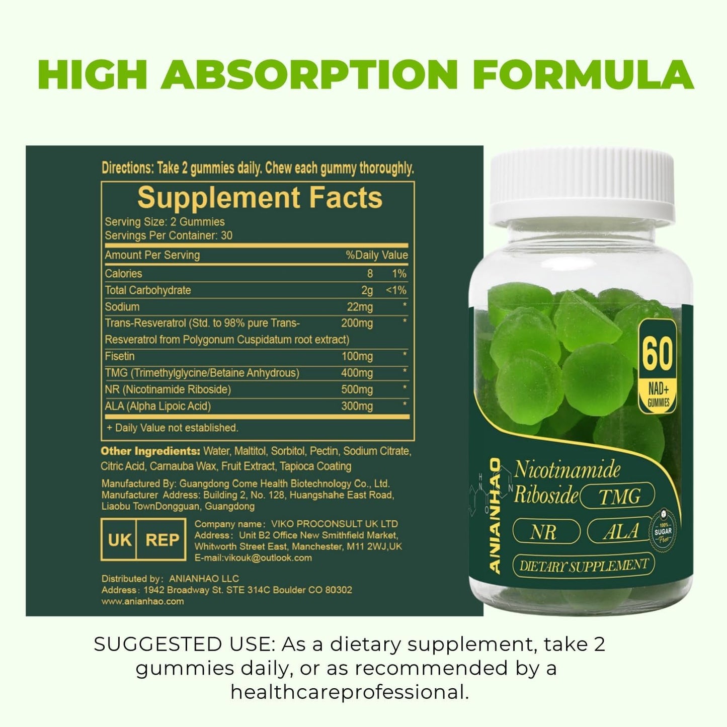 High Potency ANIANHAO NAD+ & Resveratrol Gummies - Sugar Free, 1500mg (60 Gummies)