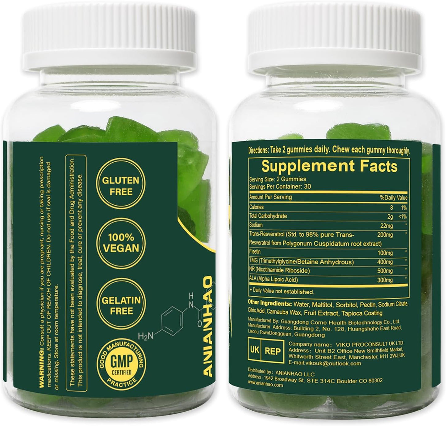 High Potency ANIANHAO NAD+ & Resveratrol Gummies - Sugar Free, 1500mg (60 Gummies)