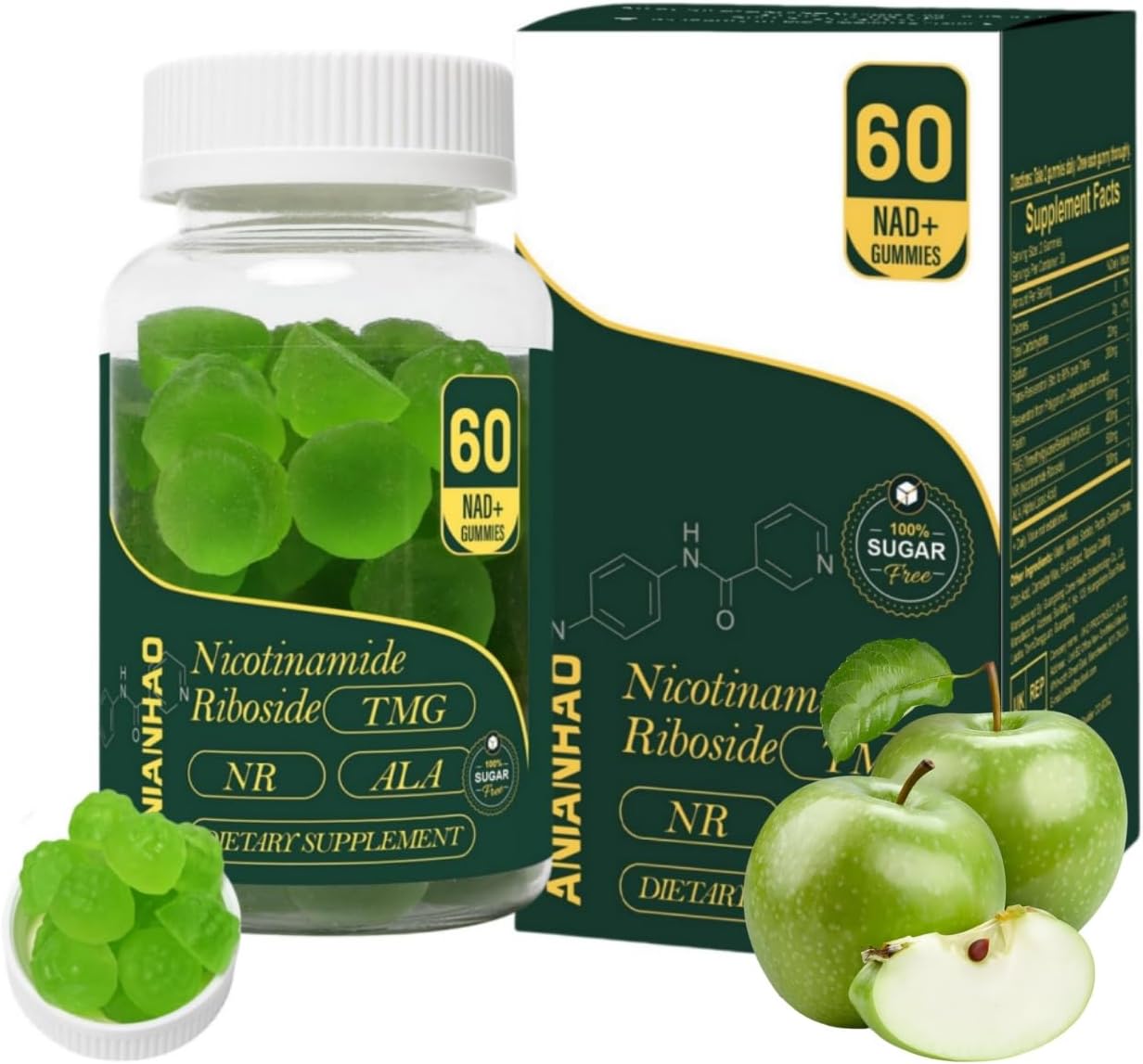 High Potency ANIANHAO NAD+ & Resveratrol Gummies - Sugar Free, 1500mg (60 Gummies)