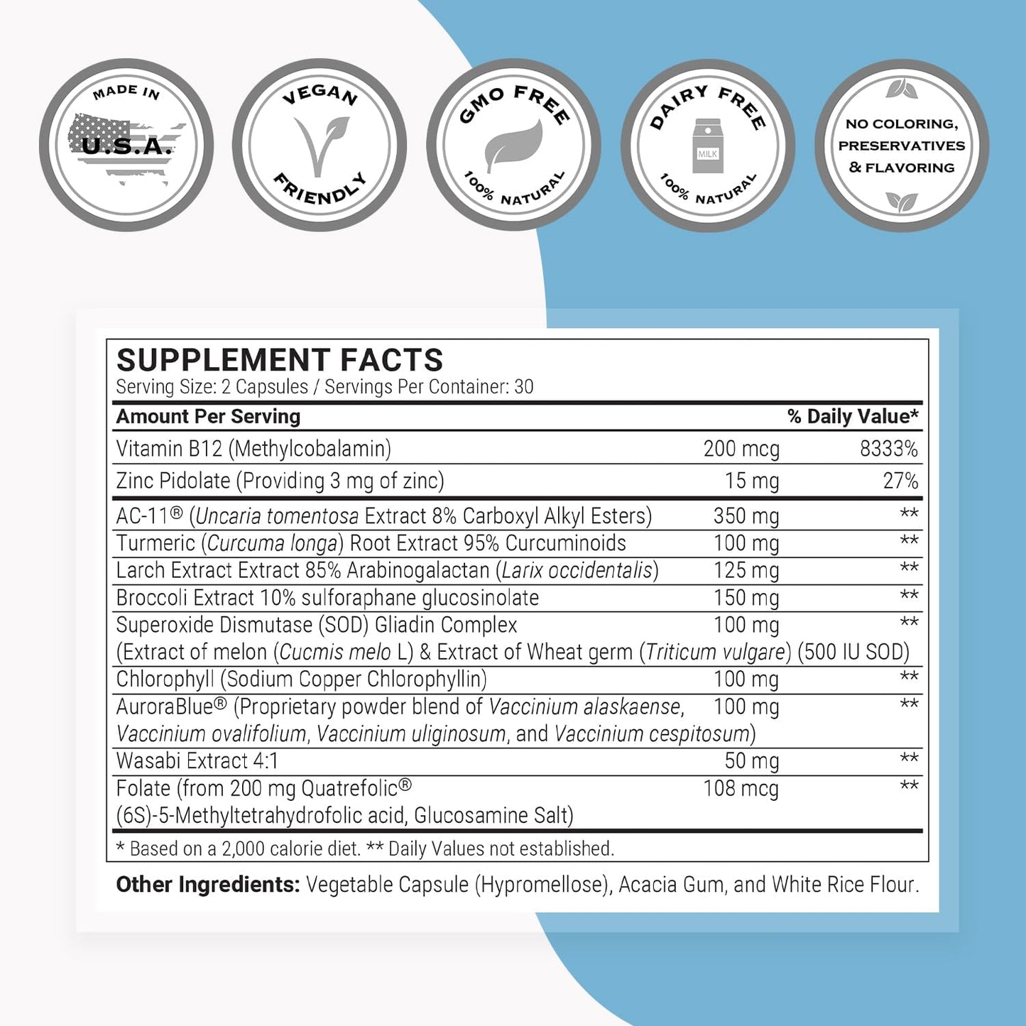 High Potency Antioxidant Supplement with AC-11 & Sulforaphane - DNA Repair Formula - Non-GMO & Gluten Free - 60 Capsules