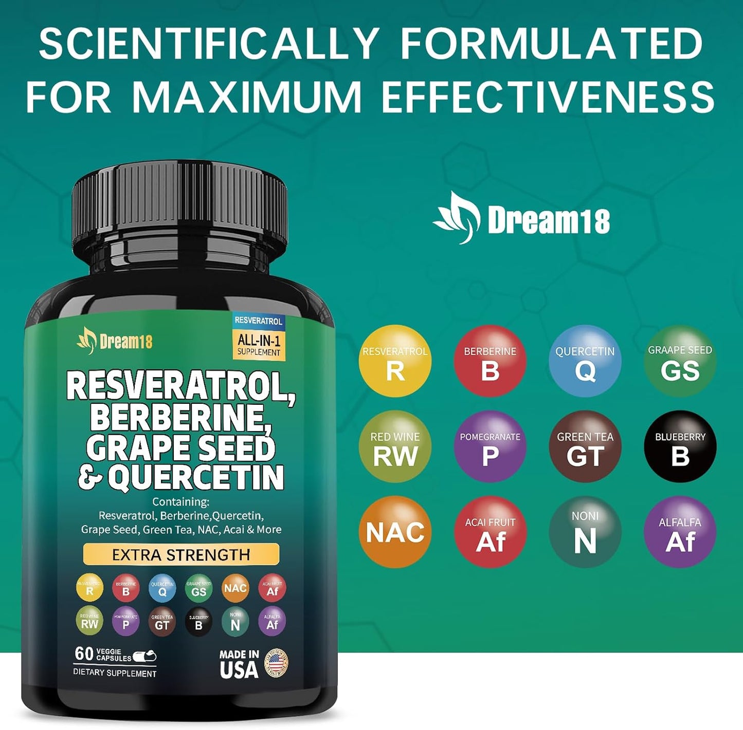 High Potency Antioxidant Supplement with Resveratrol, Berberine, Grape Seed Extract, Quercetin, Green Tea Extract, and Acai for Women and Men - 60 Capsules, Made in USA