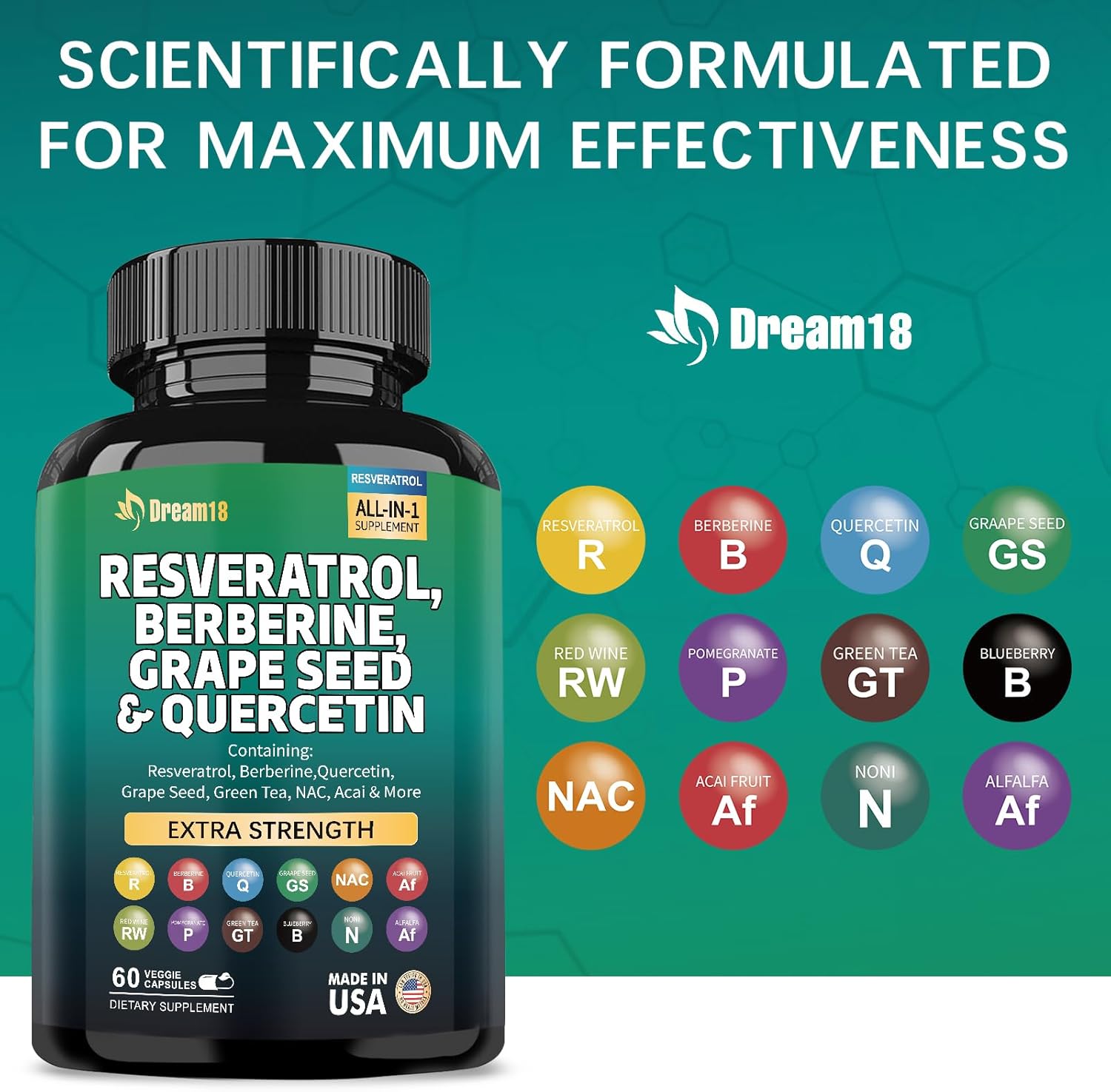 High Potency Antioxidant Supplement with Resveratrol, Berberine, Grape Seed Extract, Quercetin, Green Tea Extract, and Acai for Women and Men - 60 Capsules, Made in USA