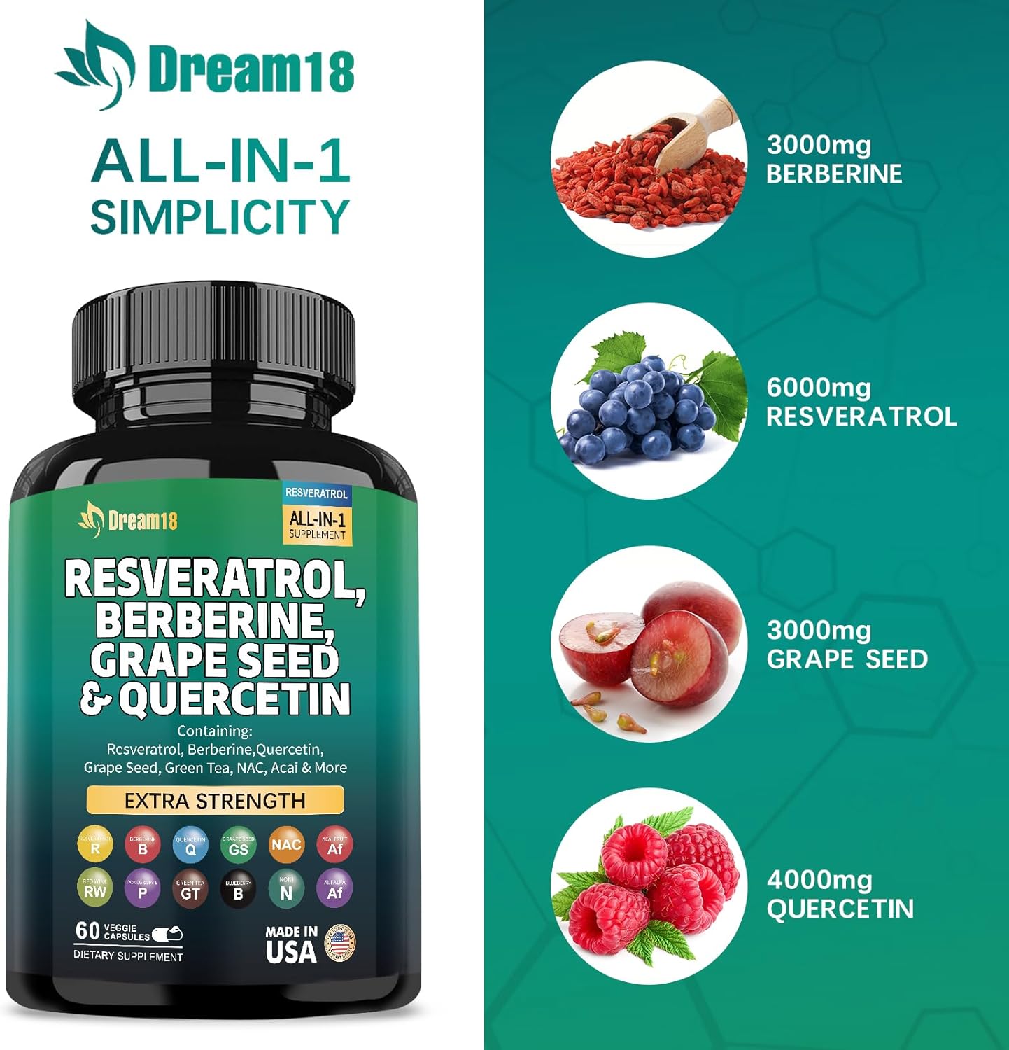 High Potency Antioxidant Supplement with Resveratrol, Berberine, Grape Seed Extract, Quercetin, Green Tea Extract, and Acai for Women and Men - 60 Capsules, Made in USA