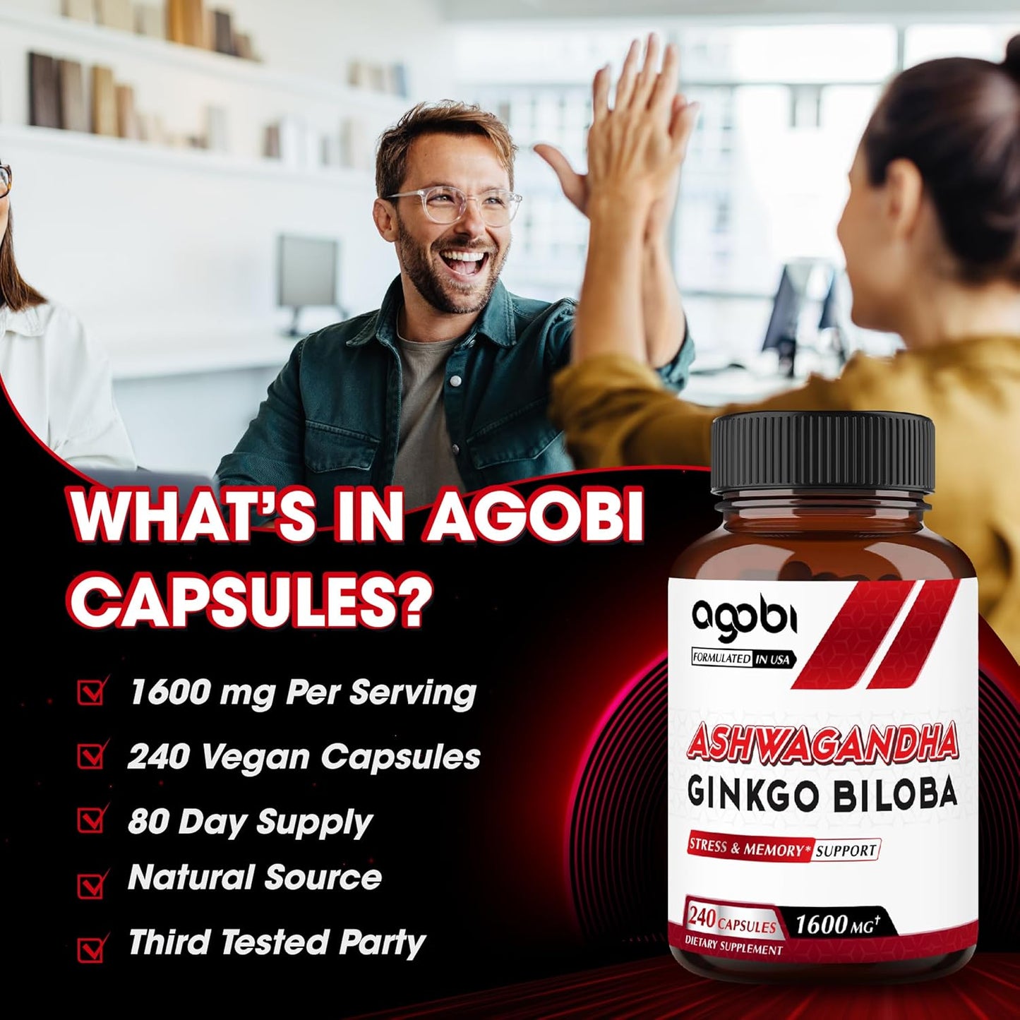 High Potency Ashwagandha and Ginkgo Biloba Supplement for Immune Support, Energy, Memory, and Focus - 240 Vegetarian Capsules