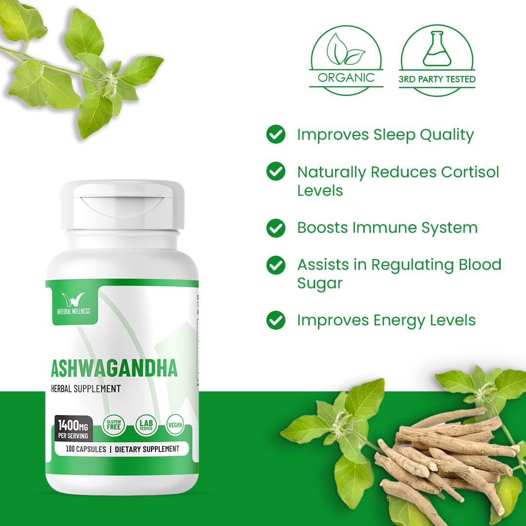 High-Potency Ashwagandha Capsules with Black Pepper Extract - 1400mg (100 Count) | Vegan, Third-Party Tested & Filler-Free