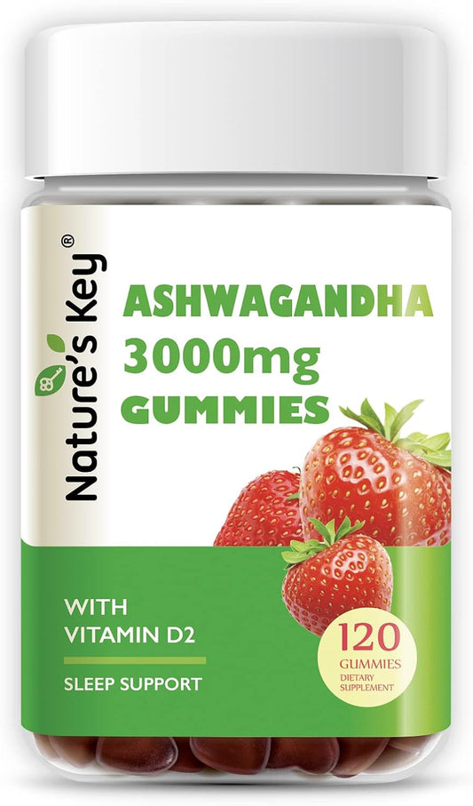 High Potency Ashwagandha Gummies with Vitamin D2 - Stress Relief & Cognitive Support - Strawberry Flavor - 120 Count