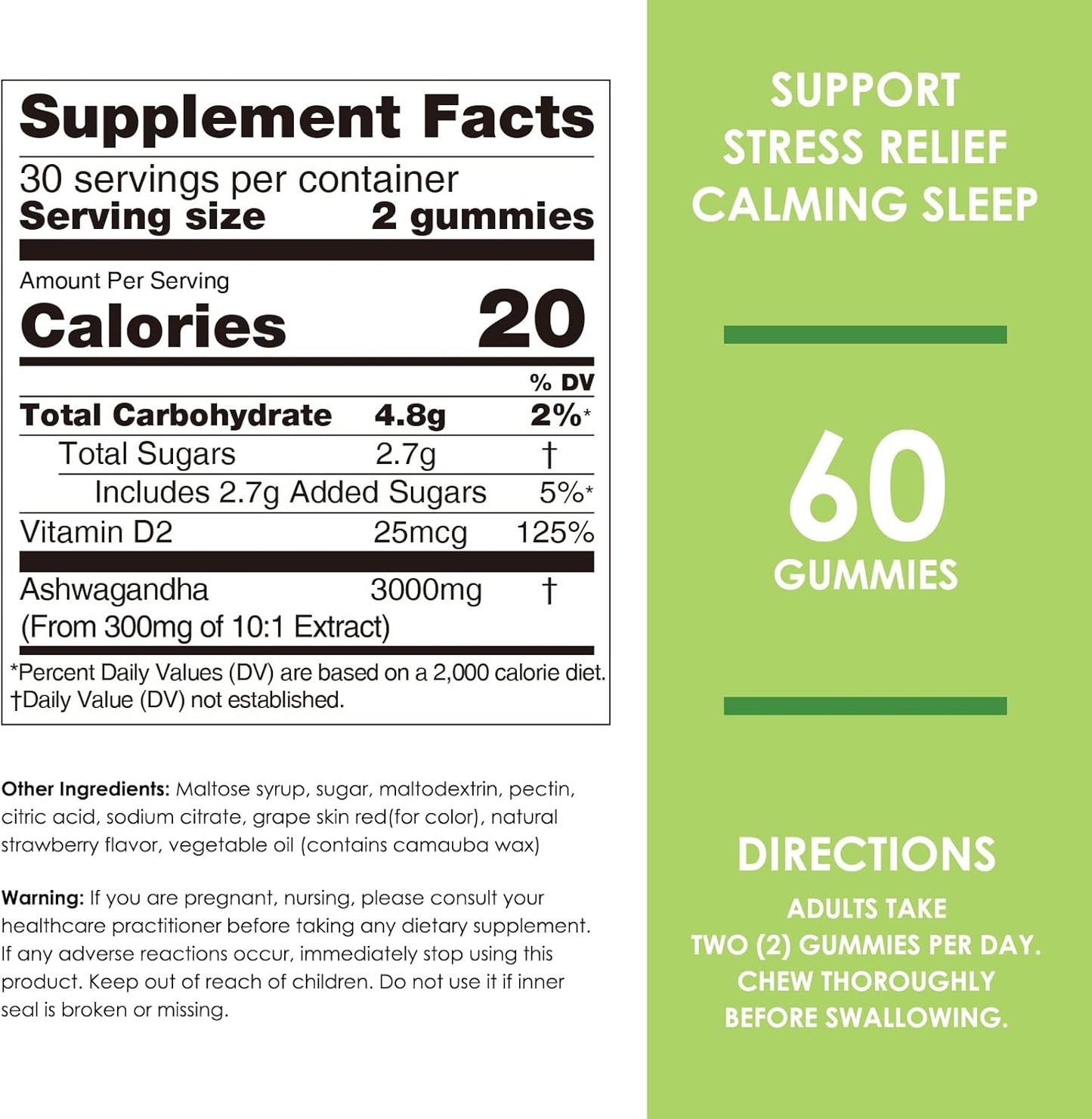 High Potency Ashwagandha Gummies with Vitamin D2 - Stress Relief & Cognitive Support - Strawberry Flavor - 120 Count