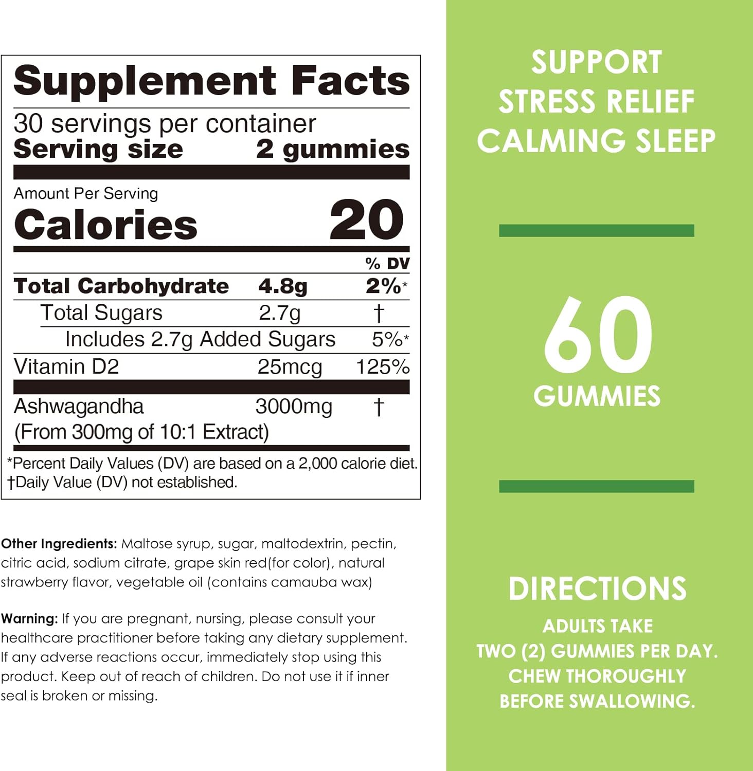 High Potency Ashwagandha Gummies with Vitamin D2 - Stress Relief & Cognitive Support - Strawberry Flavor - 120 Count