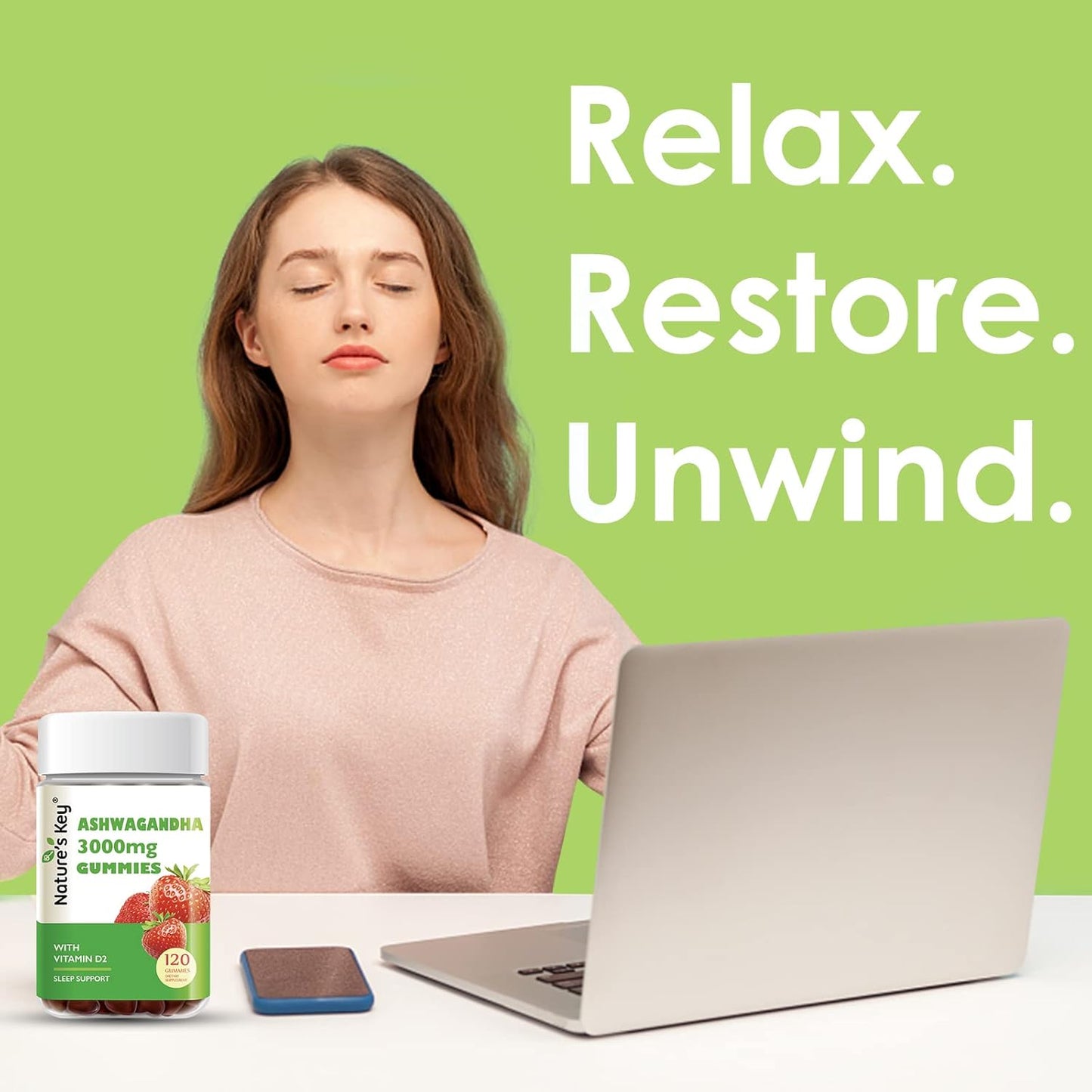 High Potency Ashwagandha Gummies with Vitamin D2 - Stress Relief & Cognitive Support - Strawberry Flavor - 120 Count