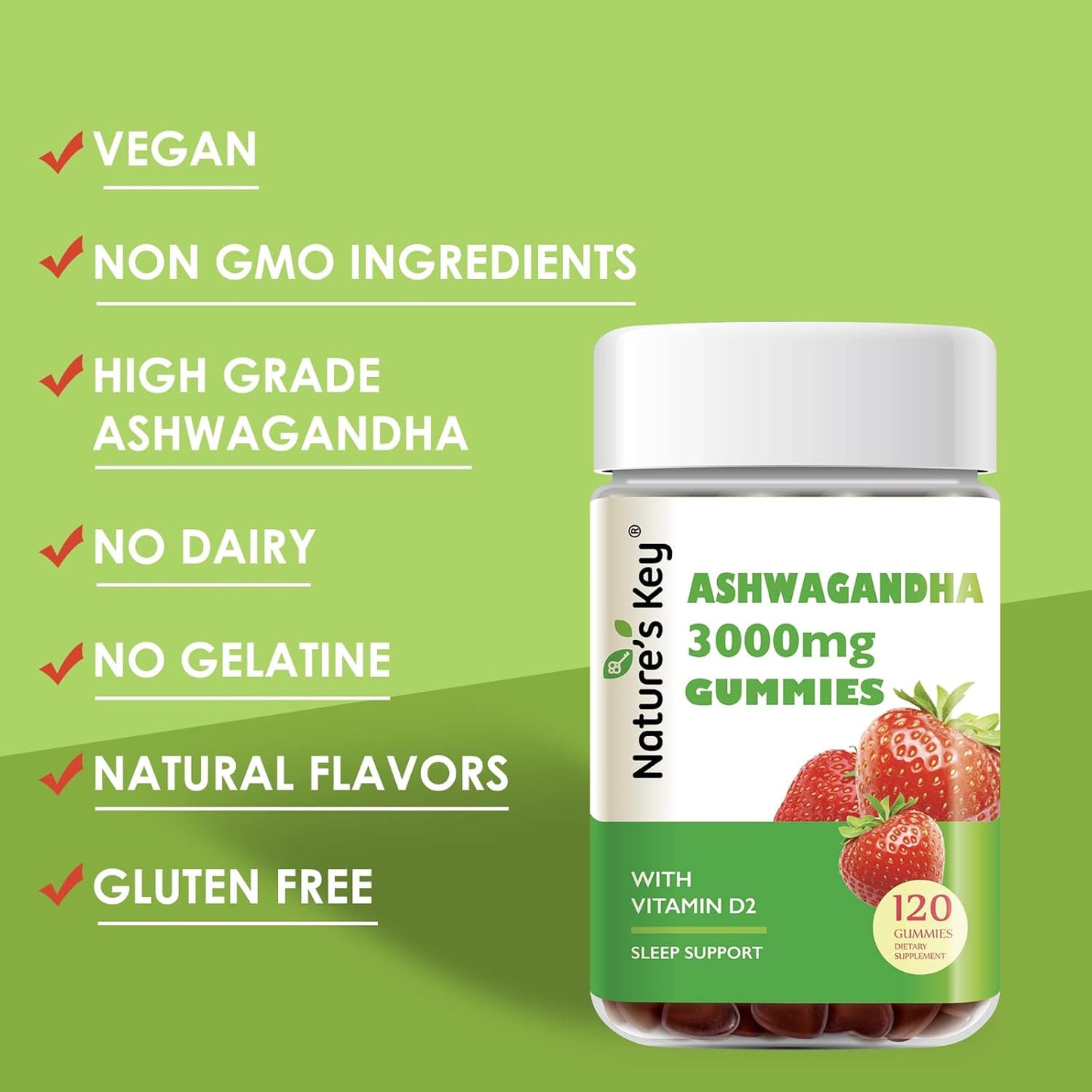 High Potency Ashwagandha Gummies with Vitamin D2 - Stress Relief & Cognitive Support - Strawberry Flavor - 120 Count