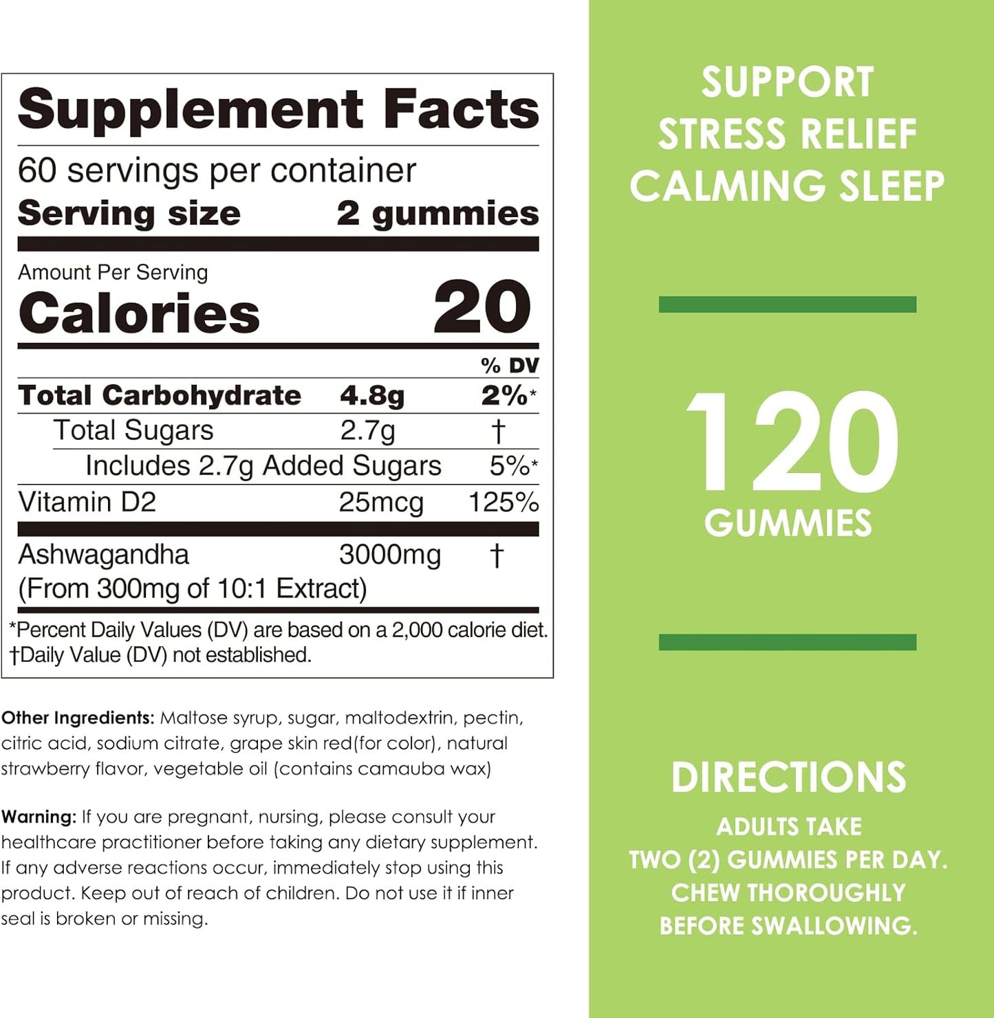High Potency Ashwagandha Gummies with Vitamin D2 - Stress Relief & Cognitive Support - Strawberry Flavor - 120 Count