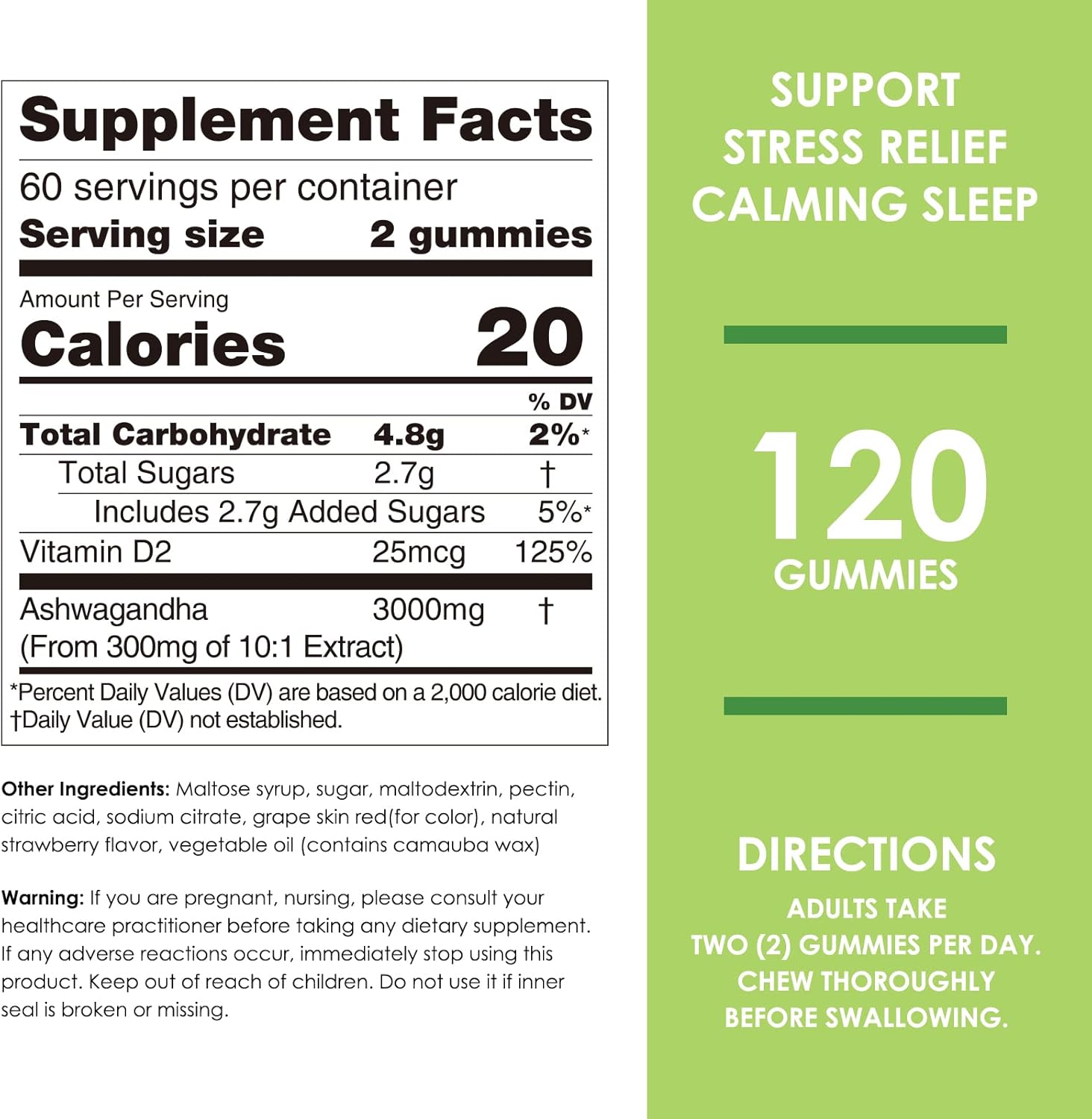High Potency Ashwagandha Gummies with Vitamin D2 - Stress Relief & Cognitive Support - Strawberry Flavor - 120 Count