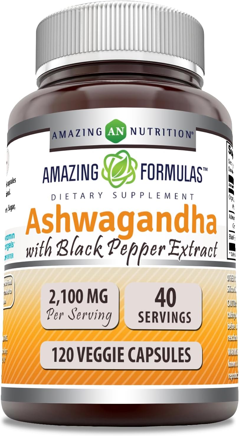 High Potency Ashwagandha Root with Black Pepper Extract Supplement | 2100mg Per Serving | 120 Veggie Capsules | Non-GMO | Gluten-Free | USA Made