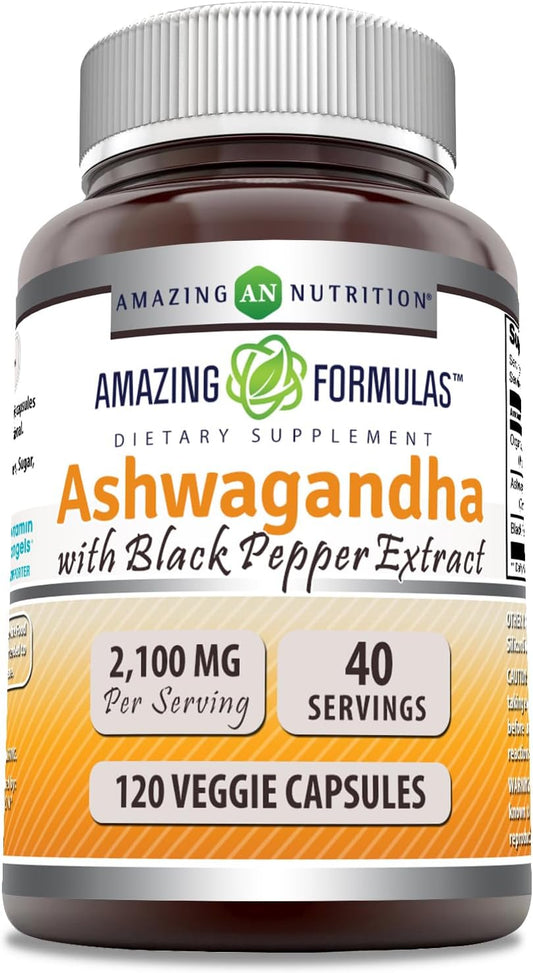 High Potency Ashwagandha Root with Black Pepper Extract Supplement | 2100mg Per Serving | 120 Veggie Capsules | Non-GMO | Gluten-Free | USA Made
