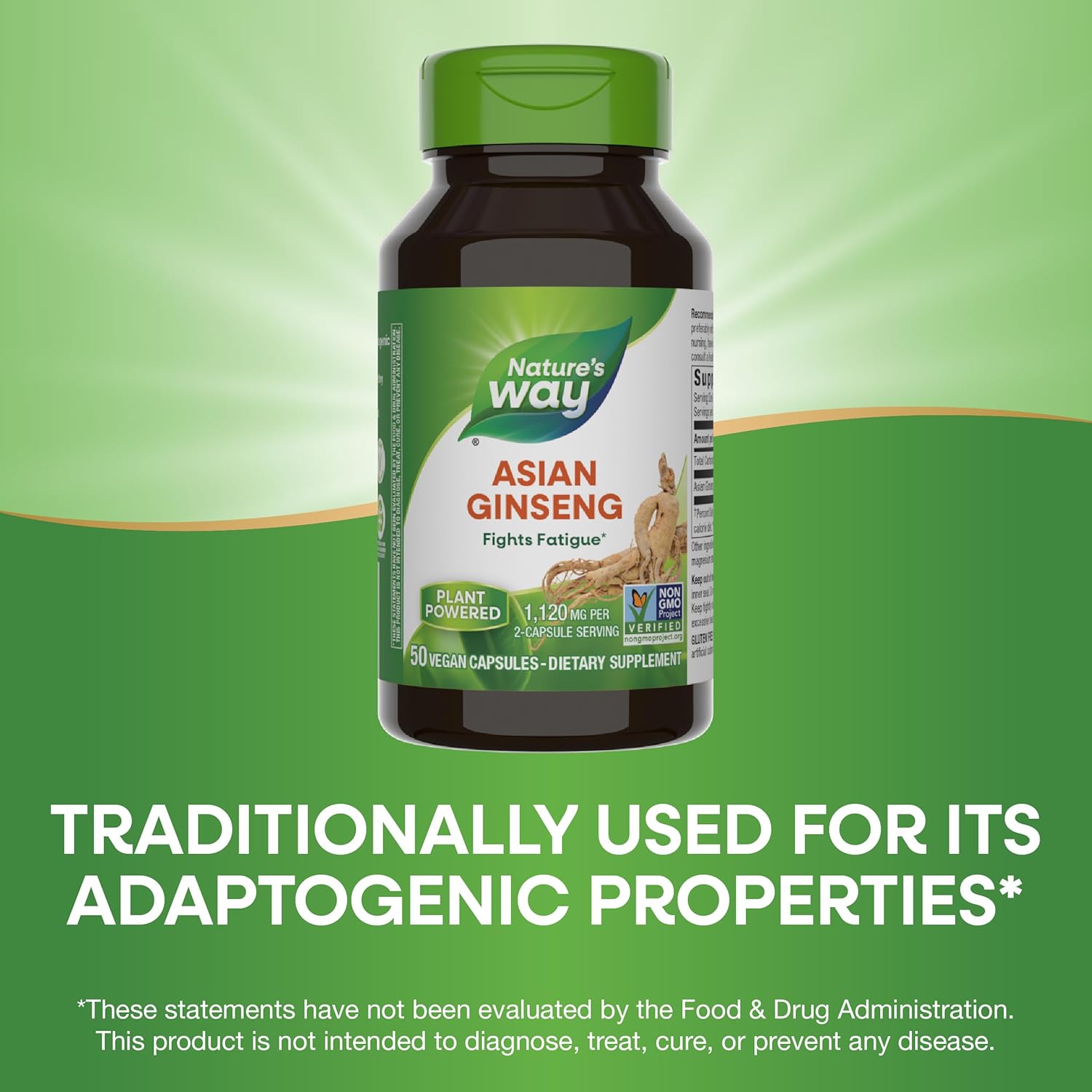 High Potency Asian Ginseng Capsules for Fighting Fatigue - 1,120mg per Serving, 50 Count