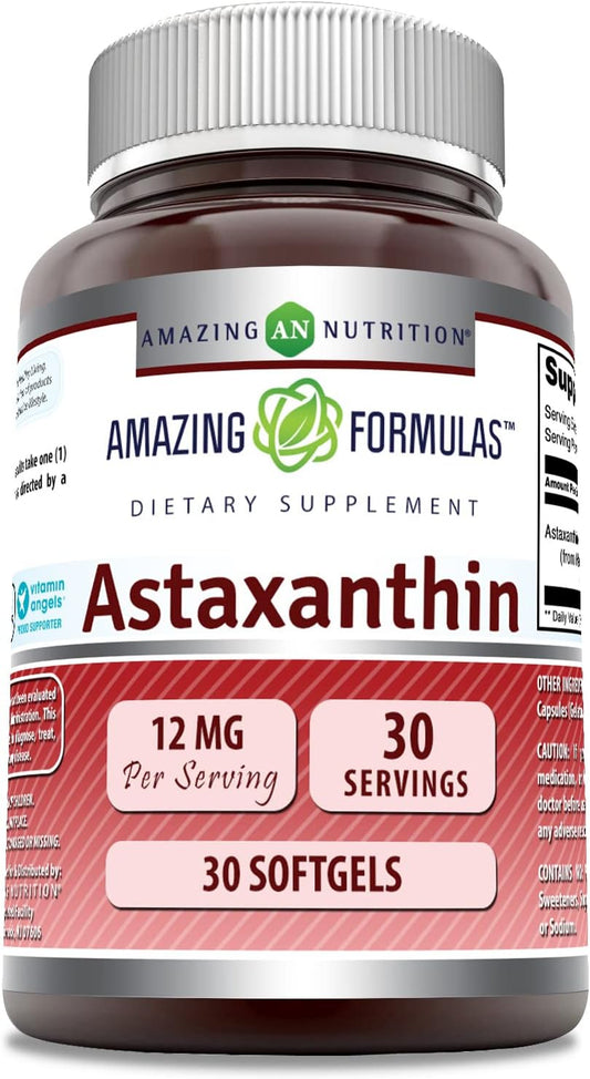High Potency Astaxanthin 12mg Softgels Supplement by Amazing Nutrition - Non-GMO & Gluten Free - 30 Count