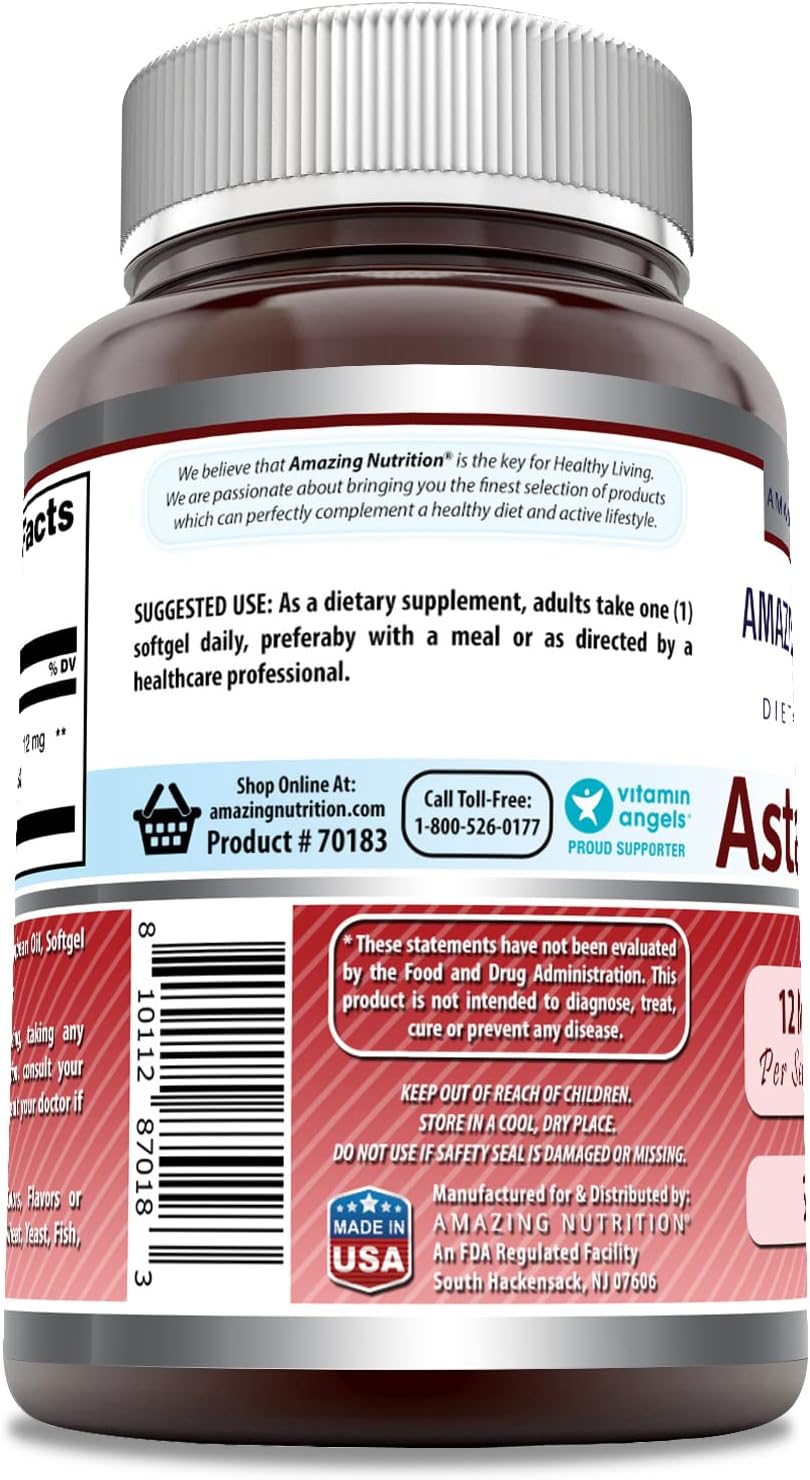 High Potency Astaxanthin 12mg Softgels Supplement by Amazing Nutrition - Non-GMO & Gluten Free - 30 Count