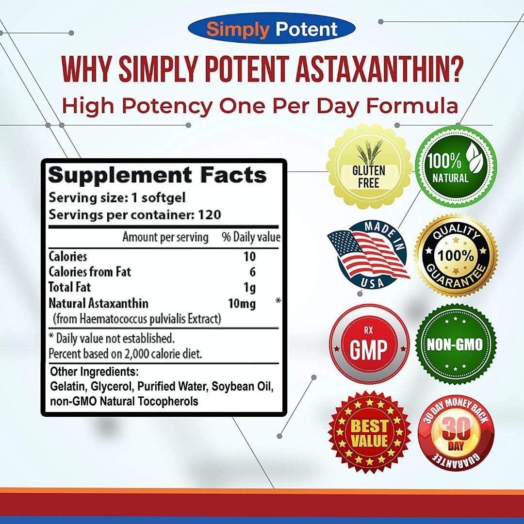 High Potency Astaxanthin Softgels 10mg - 120 Capsules - Natural Antioxidant Supplement for Joint, Heart, Brain, Skin, Eyes, & Fatigue Relief