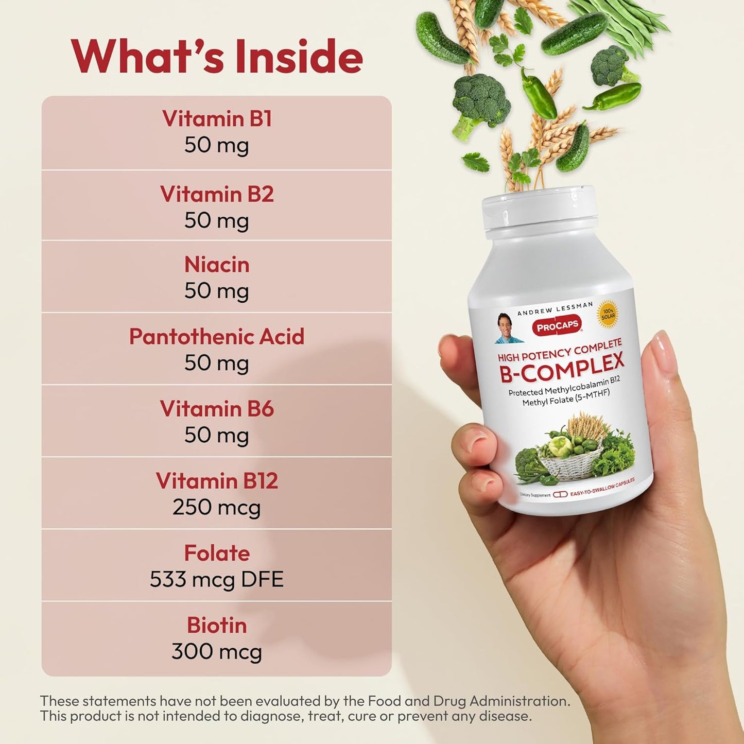 High Potency B-Complex Capsules with Folate and Biotin for Energy, Immune Function, and Fat Metabolism