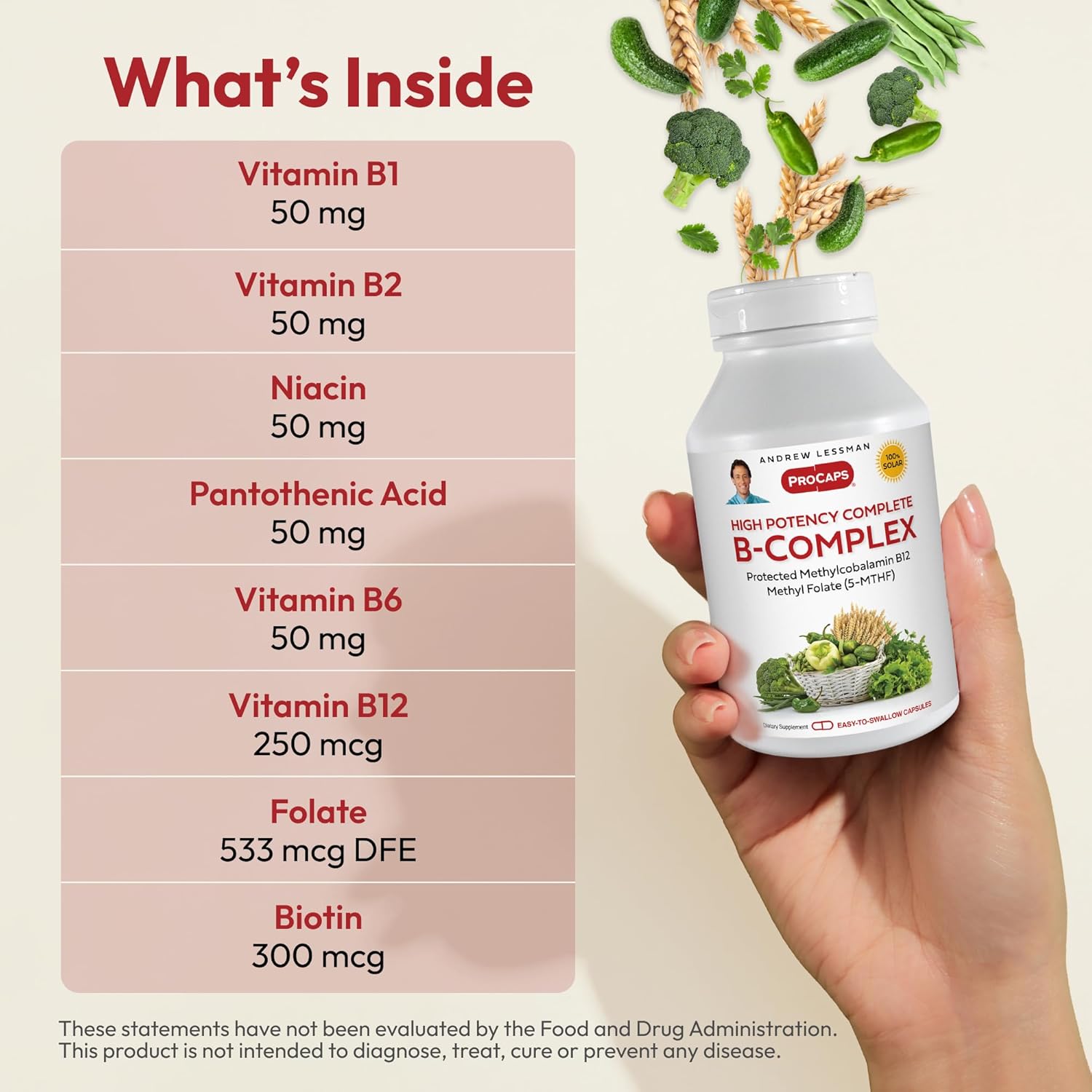 High Potency B-Complex Capsules with Folate and Biotin for Energy, Immune Function, and Fat Metabolism