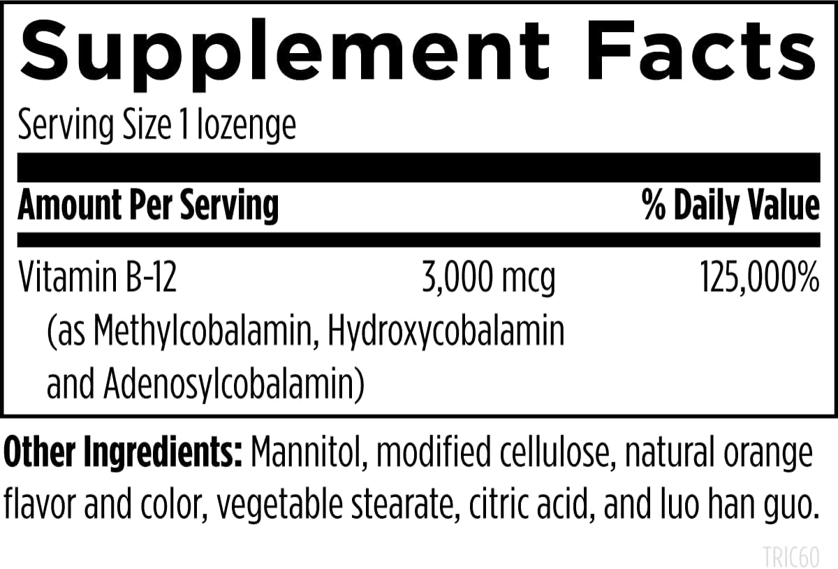 High Potency B12 Tricobalamin Lozenges - 3000mcg Triple B12 Sublingual Tablets with Methylcobalamin, Adenosylcobalamin, and Hydroxocobalamin - Natural Orange Flavor (60 Lozenges)