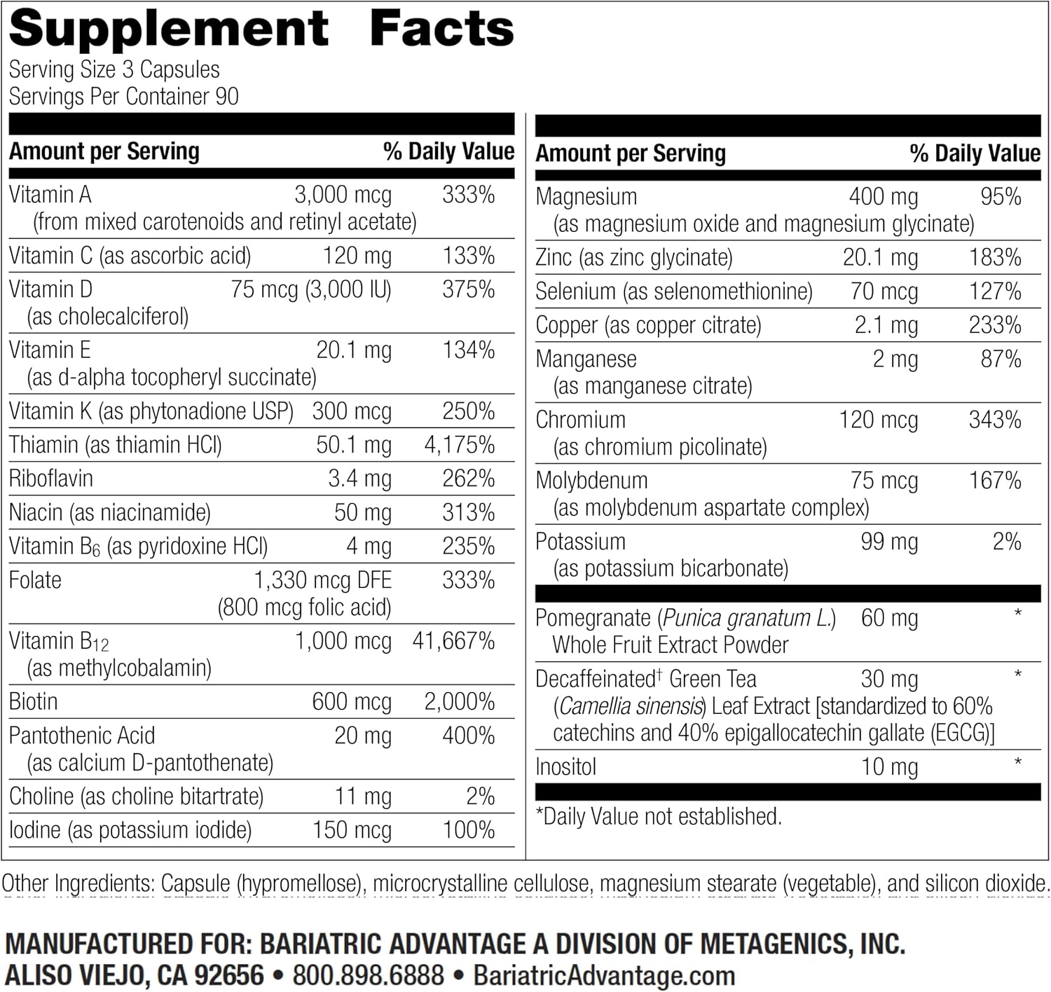 High Potency Bariatric Advantage Ultra Multi Multivitamin Capsules Without Iron - Specifically for Bariatric Surgery Patients - Includes Calcium, Vitamin C, and More - 270 Capsules