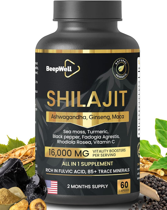 High-Potency BeepWell Shilajit Capsules with Adaptogens, Ginseng, Maca - Natural Energy & Wellness Supplement, 2-Month Supply