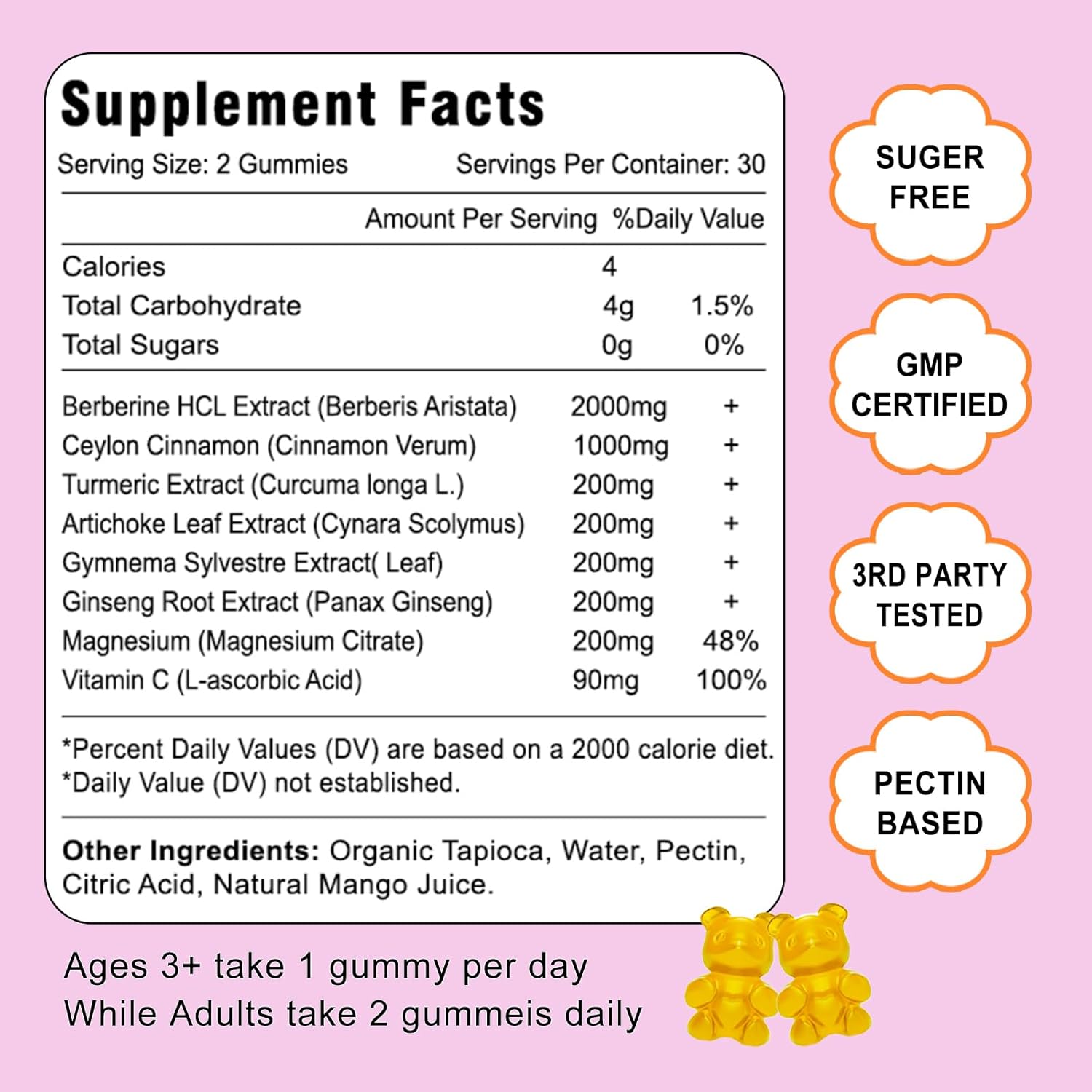 High Potency Berberine HCI Gummies with Ceylon Cinnamon for Immune Health Support - 60 Mango Flavored Gummies