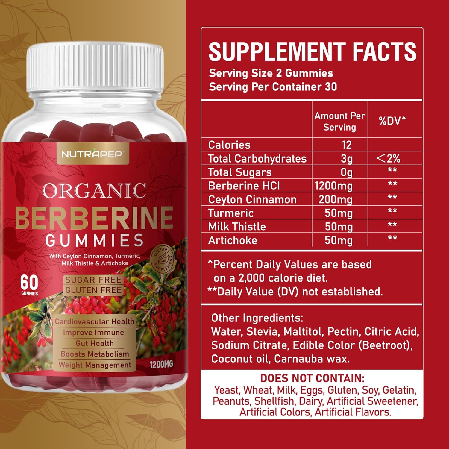 High Potency Berberine HCl Weight Loss Gummies with Ceylon Cinnamon, Turmeric, Milk Thistle, Artichoke - 1200mg - Sugar Free, Gluten Free Supplement
