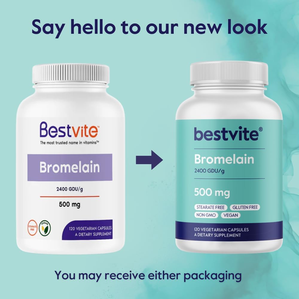 High Potency BESTVITE Bromelain 500mg Capsules - 2400 GDU/Gram - 120 Vegetarian Capsules - Vegan - Non GMO - Gluten Free
