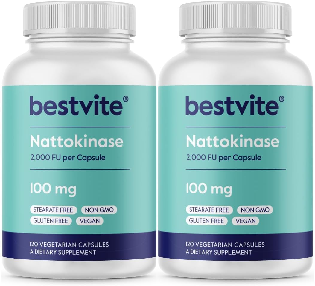 High Potency BESTVITE Nattokinase 100mg Supplement - 240 Vegetarian Capsules - Vegan, Non GMO, Gluten Free - Double Pack for Cardiovascular Support