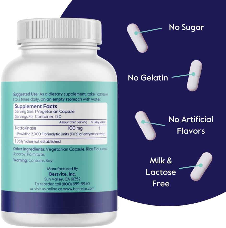 High Potency BESTVITE Nattokinase 100mg Supplement - 240 Vegetarian Capsules - Vegan, Non GMO, Gluten Free - Double Pack for Cardiovascular Support