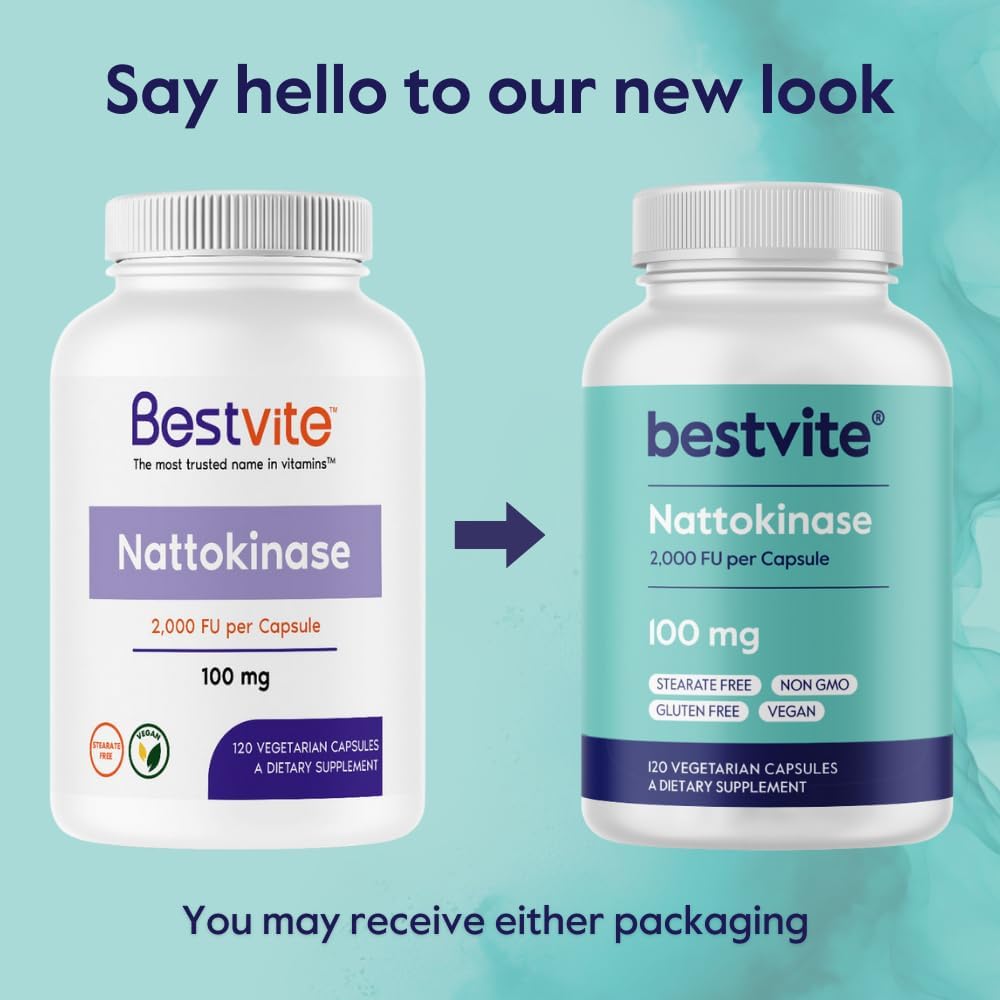High Potency BESTVITE Nattokinase 100mg Supplement - 240 Vegetarian Capsules - Vegan, Non GMO, Gluten Free - Double Pack for Cardiovascular Support