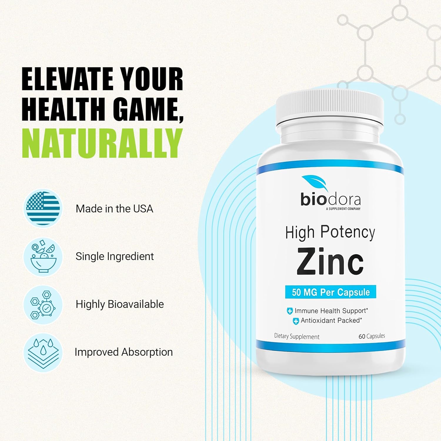 High Potency Biodora Zinc Supplement for Skin, Immune Support & Antioxidant - Vegan, 50mg Per Serving, 60 Capsules